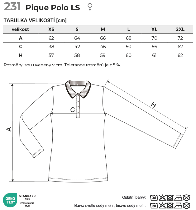 231 Pique Polo LS polokošile dámská Tabulka velikostí